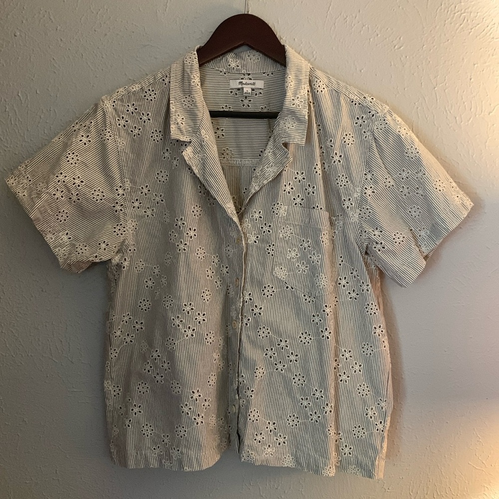 Madewell Blue Striped Eyelet Button Down Shirt